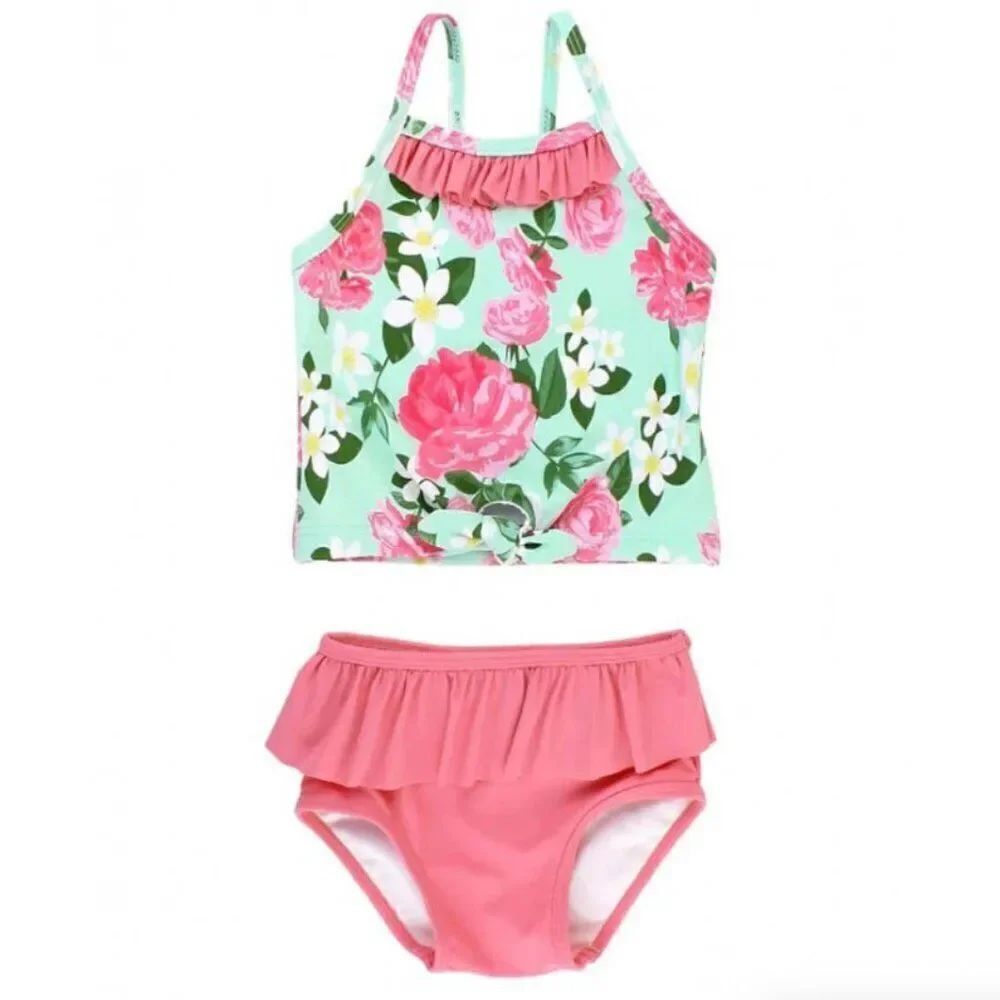 NWT! Ruffle Butts Pink Green Rosy Sweetheart Ruffle Tie Tankini Size 5